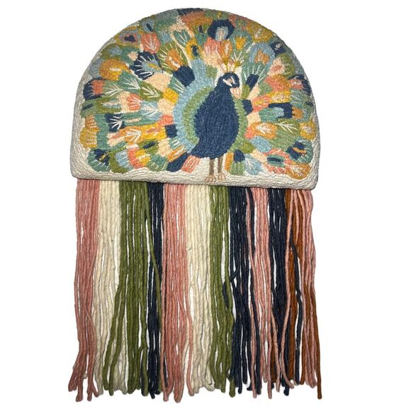 Hanging Boho Wall Art Yarn Woven Peacock Fringe Multi Colored Fabric Wal… - Picture 2 of 9